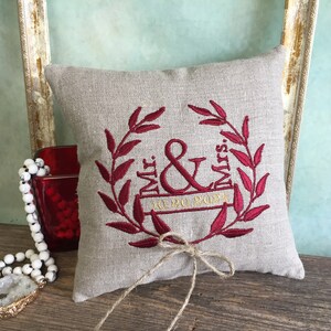 Custom Monogrammed Ring Bearer Pillow for Wedding, Linen Embroidered Ring Bearer Pillow  with names and date