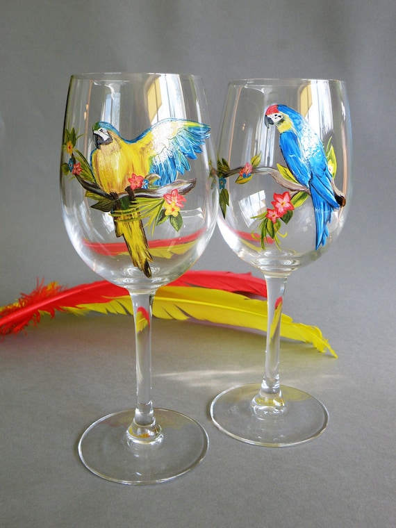 Bicchieri da vino Fiori tropicali, pappagalli e foglie di palma Set di bicchieri  personalizzati dipinti a mano Regalo per gli amici -  Italia
