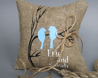 Handcrafted Eco Linen Wedding Ring Pillow, Embellished with Blue Lovebirds on Branch, Symbolizing Eternal Love and Sustainable Elegance.