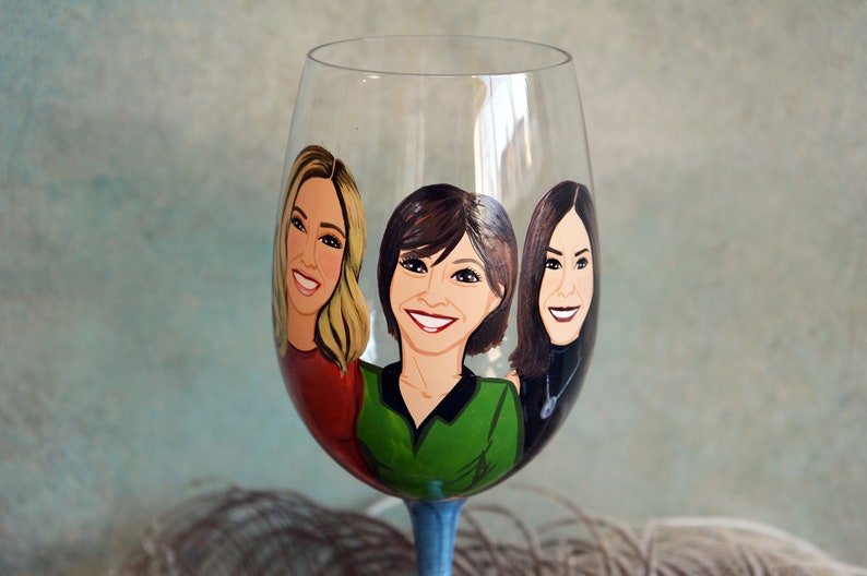 Three's persons on Wine glass Best Friends, Friendship Portraits, Couples Portrait, Mother and Dougthers Portraits Anniversary Birthday Gift image 1