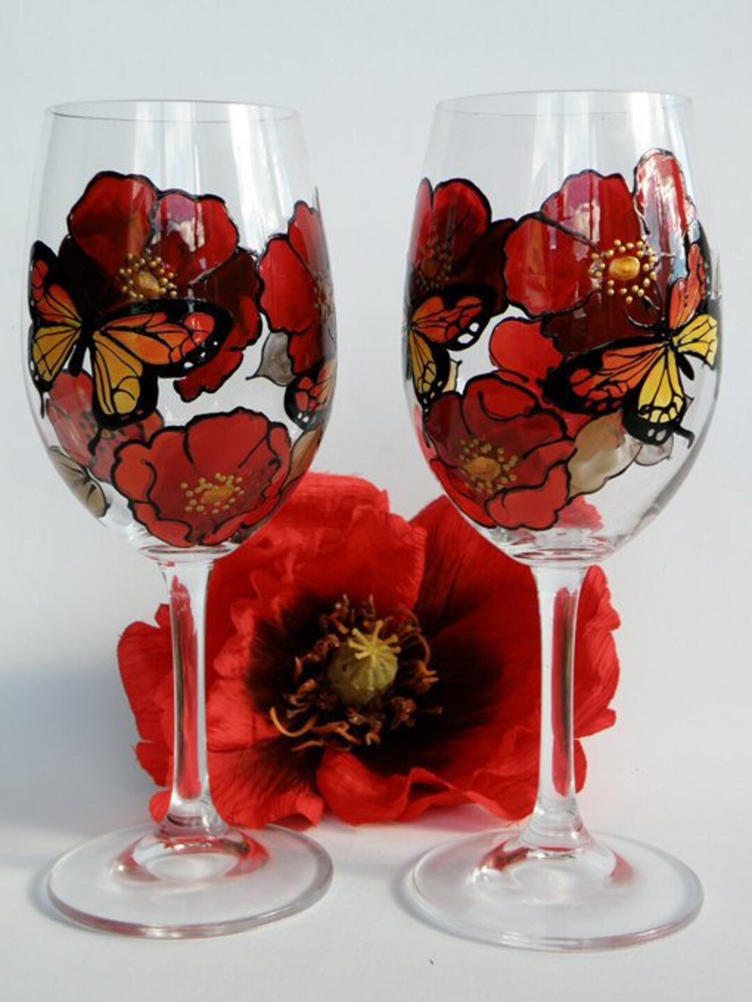 Hand Painted Wine Glass Red Poppies and Butterflies Etsy
