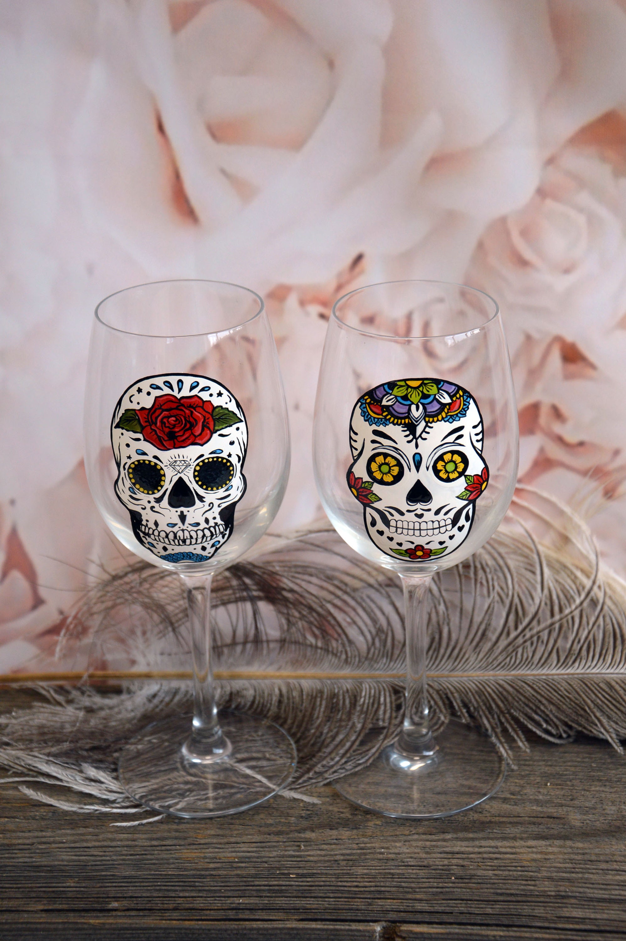 Hand Painted Sugar Skull Wine Glasses, Day of the Dead Decor, Set of 2 -  Etsy