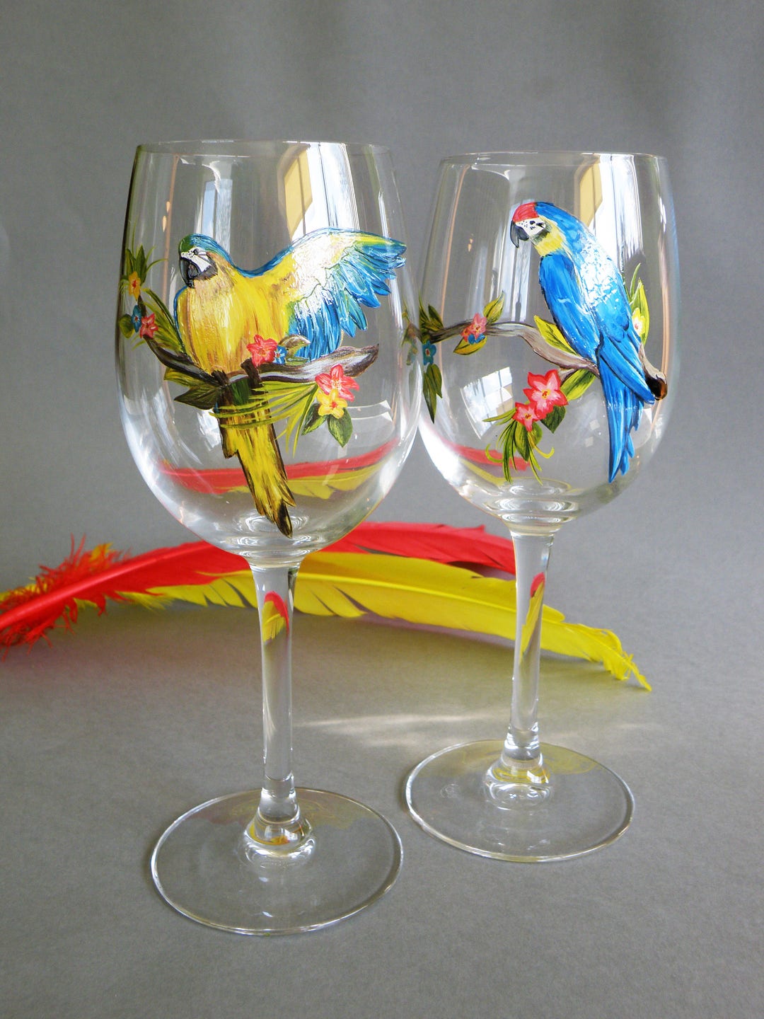 Wine Glasses Tropic Flowers ,parrots and Palm Leaves Hand Painted