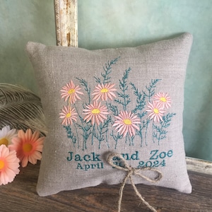 Custom Monogrammed Ring Bearer Pillow for Wedding, Linen Embroidered Ring Bearer Pillow  with names and date