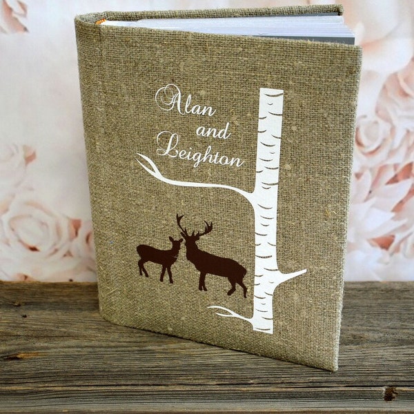 Album photo de mariage en lin fabriqué à la main avec oiseau blanc et arbre – Capturez votre journée spéciale dans l'étreinte de l'automne.