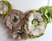 Fabric Flower Necklace, Lace and Linen flowers, Bridesmaid and Bride Necklace, Bohemian Jewelry, Lime green, moss green, sand color and gold