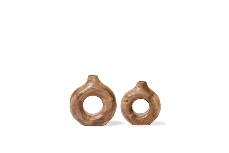May include: Two wooden decorative vases with a unique circular design. The vases are a warm brown color and have a smooth, natural finish. The vases are of different sizes, with one larger than the other.