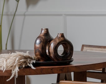 Wooden vase round brown - Design vase wood - Round ornament wood - Object wood - Teak wood vase - Teak wood - Premium quality - set of 2