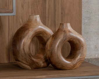 Jarrón redondo de madera - Jarrón de diseño en madera de teca - Adorno de diseño - Jarrón de madera natural  - Redondo - Calidad premium