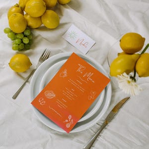 MENU DE NOURRITURE et modèle de marque-place | Orange vert inspiré des fêtes de fin d'année| Modèles de toile | Dessinés à la main | Aperol Spritz | Ambiance estivale pour le mariage