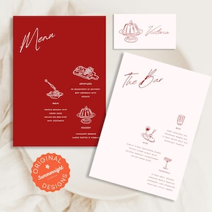 Plantilla de menú de comida y bebida / Tarjeta de lugar / Plantillas personalizables de Canva / Invitaciones de estilo antiguo y extravagantes dibujadas a mano / Tamaños de EE. UU. y A
