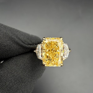 Yellow Radiant Lab Grown diamanten ring 4,02 kt, trapezium- en peerdiamantenring, IGI-gecertificeerd, gouden statementring, luxe bruidscadeau voor haar