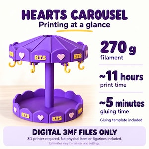 Peut inclure: Un modèle de carrousel imprimé en 3D violet avec des crochets jaunes, des cœurs rose clair et le texte "BTS" en jaune. L'image contient le texte : "HEARTS CAROUSEL", "270 g filament", "~11 hours print time", "~5 minutes gluing time" et "DIGITAL 3MF FILES ONLY".