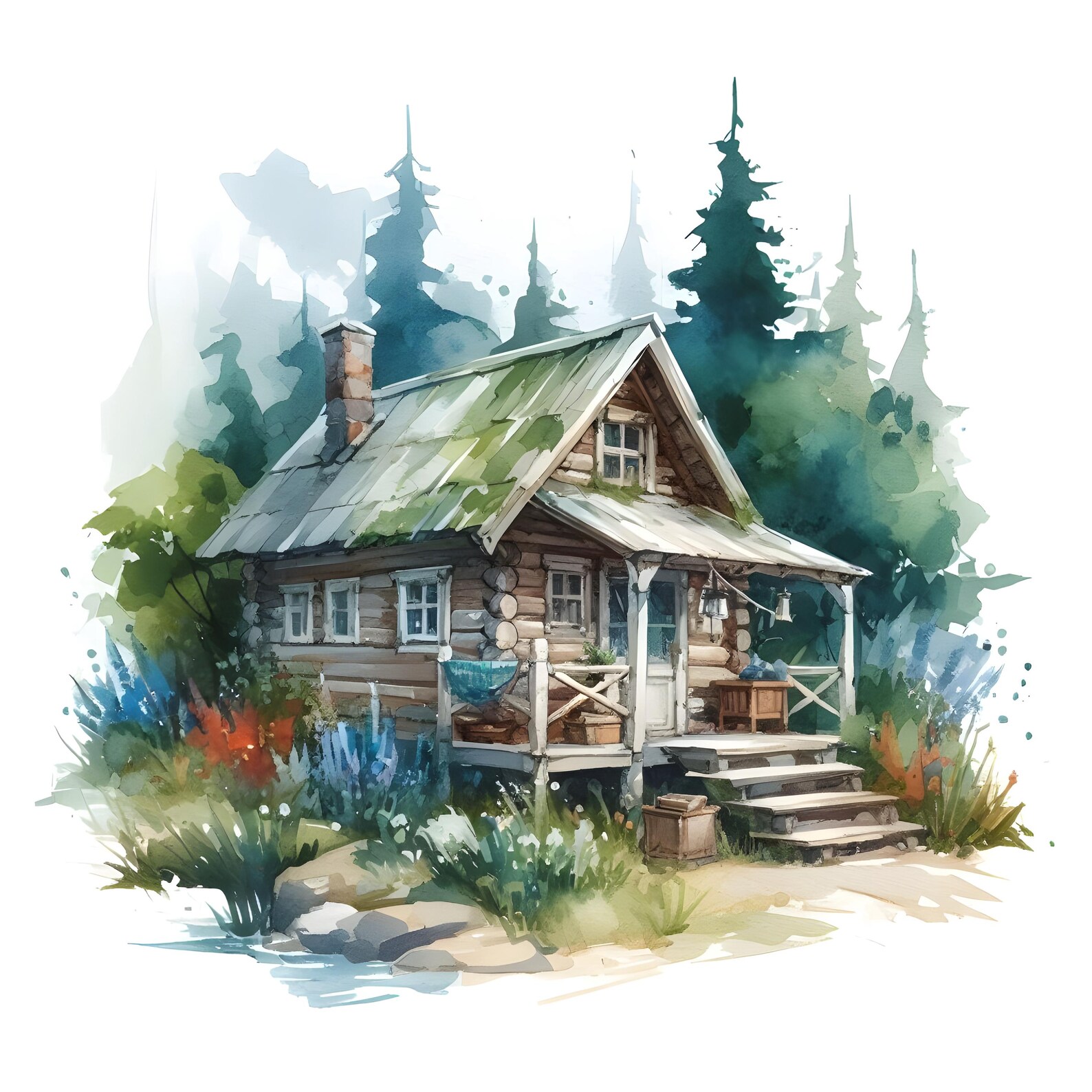 Forest Cabin Watercolor Print, Rustic Wall Art, Digital Download ...