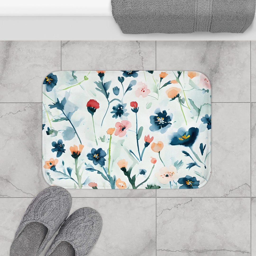 Blue Floral Boho Vintage Bath Mat - Soft Absorbent Bathroom Rug, Decorative Non-slip Shower Mat ...