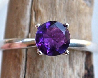 Purple Amethyst Ring - Solitaire Ring - High Prong Setting - Classic Setting - February Birthstone Silver Ring Available in Many Gemstones