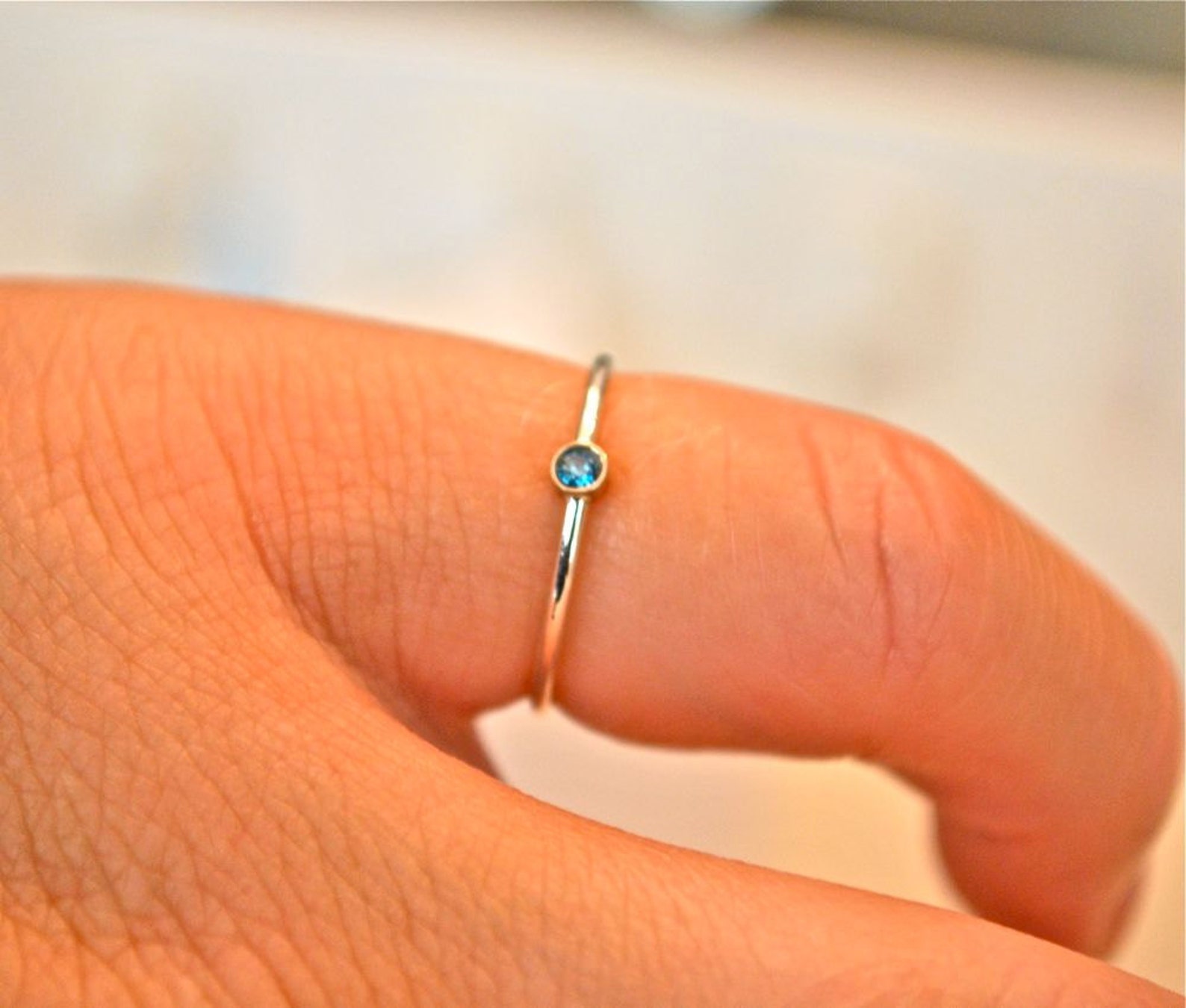 Blue Diamond 14k Rose Gold Stacking Ring - Thin Gold Band - Etsy