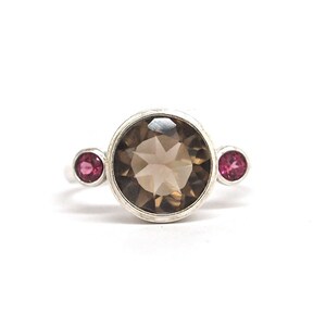 Huge Smoky Quartz and Rhodolite Garnet Silver Ring  Multi Gemstone Ring
