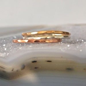 The best delicate stacking rings for woman Hammered Stack Bands Mixed Metal Delicate Gold, Rose Gold, Silver -- Skinny Stacks