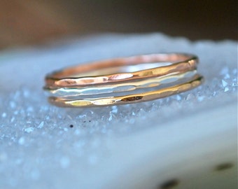 Twelve (12) Stack Rings in Rose gold, silver, gold -- Skinny Stacks 12 rings