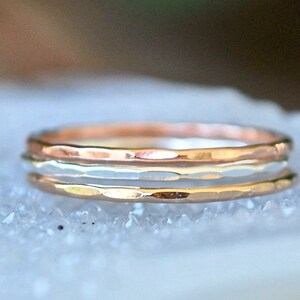 Super Thin Hammered Shiny 10k Gold and silver stack rings - 10k rose gold, 10k yellow gold and Argentium sterling silver ring stack