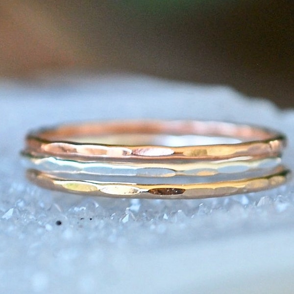 Rose gold, Eco friendly recycled silver, gold stacking rings thin delicate hammered bands