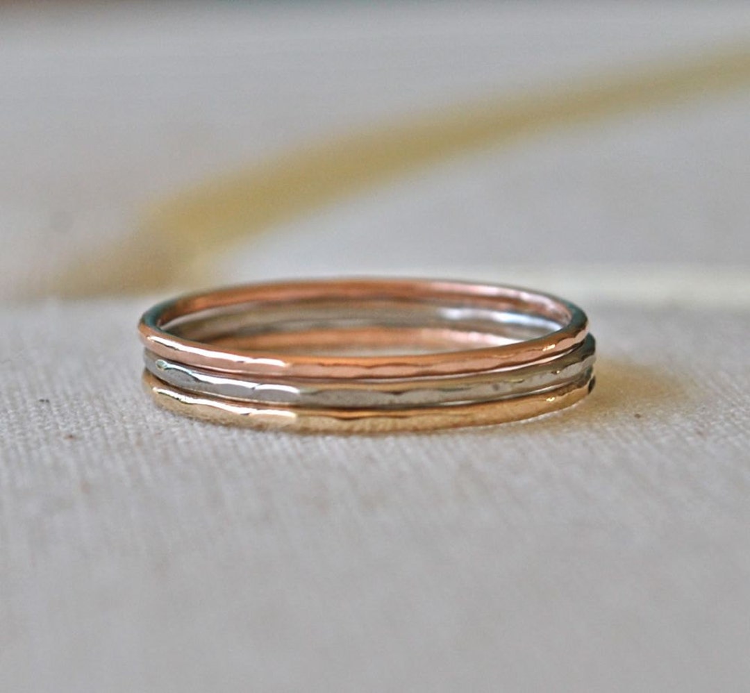 Hammered 14k Gold Stacking Rings: Super Skinny Mixed Metal Bands - Etsy