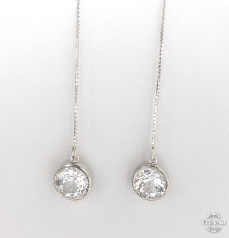14K White Gold Threader Earrings 2 Carat White Topaz Etsy
