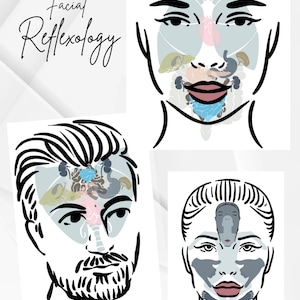 May include: Three black and white line drawings of faces with different colored internal organs mapped onto them. The text "Facial Reflexology" is at the top of the image. The text "ORIGINAL FACE MAPS BY JACKIE VANRULER" is at the bottom of the image.