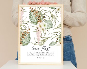 Quadro da parete con versetto biblico "Cerca prima di tutto", Matteo 6:33, stampa cristiana.
