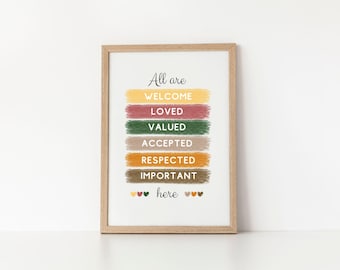 All Are Welcome Here Print: Inspirational Pastel Classroom Decor (Digital Download)