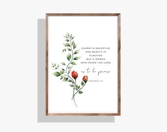 Proverbs 31:30 Bible Verse Print, Minimalist Floral Scripture Wall Art, Digital Download