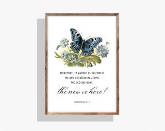 Schmetterlings-Bibel-Vers-Druck, 2 Korinther 5:17, christliche Wandkunst (digitaler Download)