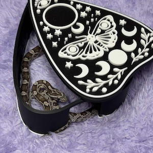 May include: A black and white decorative Ouija board-shaped box with celestial designs, including a moth, moons, and stars. A brown and gray snake is inside the box, which is resting on a purple, fuzzy surface.