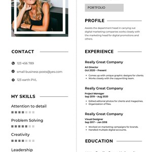 May include: A resume for Sonya Larose, highlighting her experience as an Art Director, Project Manager, and Visual Designer. The resume includes her contact information, skills, and education.