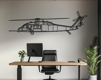 May include: A black metal wall art piece shaped like a military helicopter, featuring a detailed outline of the fuselage, main rotor blades, and tail rotor. The design is constructed from thin, connected metal lines, creating a silhouette.