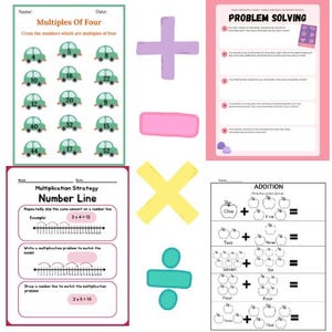May include: A printable worksheet for teaching math to children. The worksheet includes a number line, addition, subtraction, multiplication, and division problems. The worksheet also includes a problem-solving activity about chocolate.