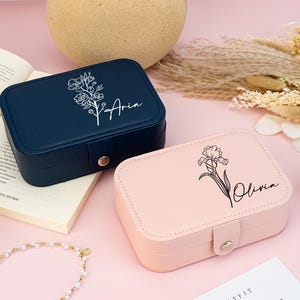 Joyero de viaje personalizado con flor de nacimiento, estuche de cuero para joyas, regalo de propuesta de boda para fiesta nupcial, regalos para mamá, regalos de cumpleaños para ella