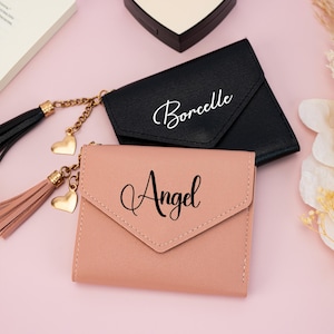 Aangepaste kleine damesportemonnee met naam, mini leren portemonnee, creditcardetui, gepersonaliseerde portemonnee, Moederdagcadeaus, cadeaus bruiloft bruidsmeisje