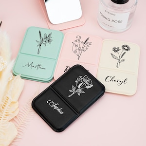 Personalized Compact Mirror, Custom Birth Flower Pocket Mirror, Travel Makeup Mirror, Bridesmaid Gift, Bridal Party Favors, Birthday Gifts