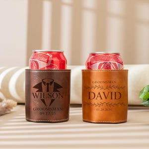 Personalized Faux Leather Can Cooler: Engraved Groomsmen Gift