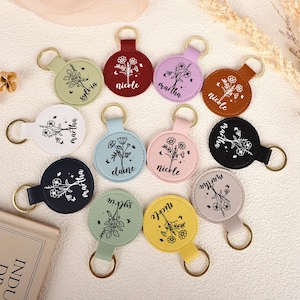 Leather Keychain Personalized, Custom Birth Flower Keyring, Name Key Chain, Bag Tags, Gift for Women, Anniversary Gift, Bridesmaid Gifts