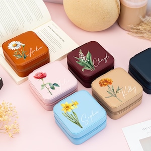 Joyero personalizado con flores de nacimiento, joyero con nombre, joyero de viaje, regalos de boda, propuesta de dama de honor, regalo para ella