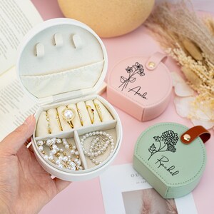 Joyero de viaje personalizado con nombre, joyero de cuero con flor de nacimiento, regalos para novias, recuerdos de boda personalizados, propuesta de dama de honor