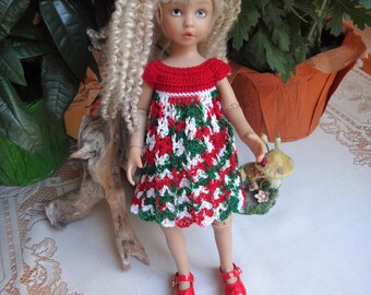 Crochet clothes 11 12 inch slim Alice Effner Doll Dress Empire Flared Skirt Scallop Edge round neckline Red Green White Christmas