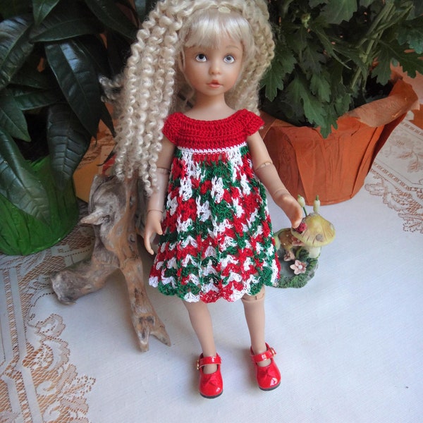 Crochet clothes 11 12 inch slim Alice Effner Doll Dress Empire Flared Skirt Scallop Edge round neckline Red Green White Christmas