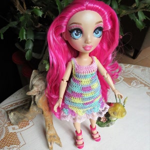 Crochet Dress 10 11 inch High RH Rainbow Curvy Doll Dress Squared Neckline Lace bottom edge