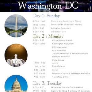 Travel and Cruise Theme, Editable Itinerary, Canva Template, Washington DC