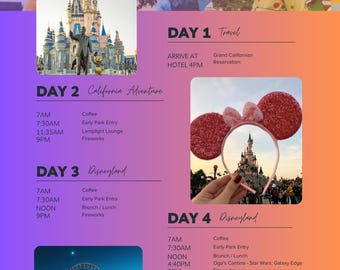 Reise und Disney Theme, bearbeitbarer Reiseplan, Canva Template