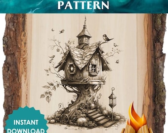 Modello di casetta per uccelli stravagante da pirografia - Design pirografico stampabile, stencil di casetta sull'albero con uccelli e lanterne, arte boschiva fai da te